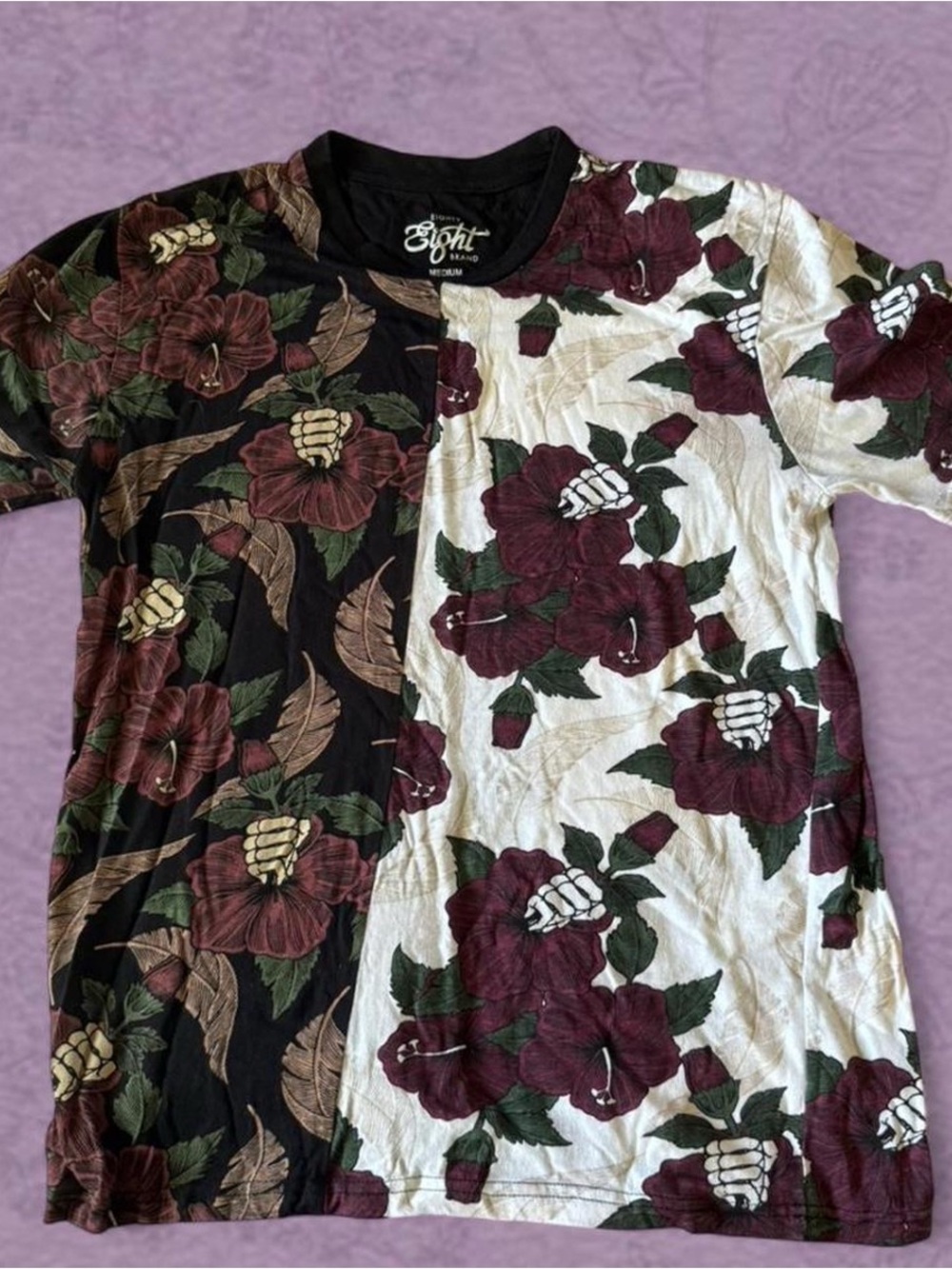 Split-Panel Floral Tee with Burgundy Blooms